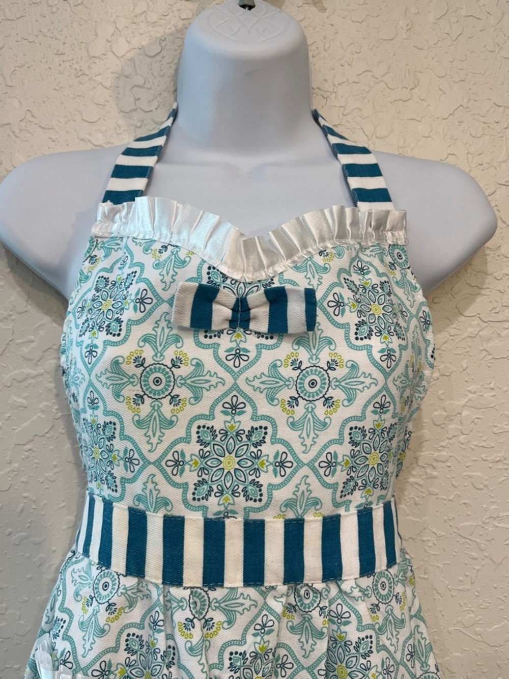 Daisy Fuentes Teal Medallion Print Ruffle Bib Full Apron Striped Trim - Picture 4 of 8